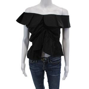 Mila Carr Womens Pleated Collar Ruched Short Sleeves Blouse Black Size 1